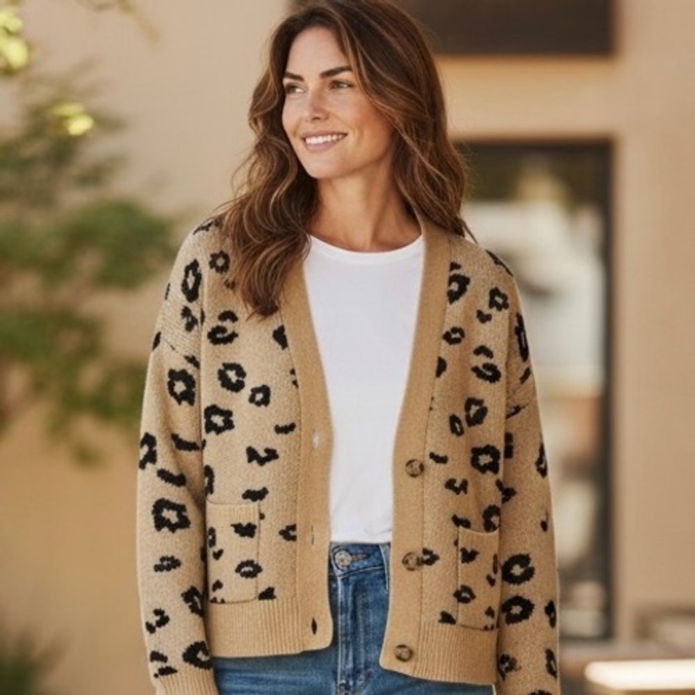 Style Co Leopard Print Button Front Cardigan Sweater Women's Medium Tan Black‎